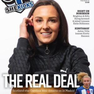 sk77jpg womensfootballmagazinecom Cover of a womens football magazine smiling woman in a black zip jacket bold THE REAL DEAL headline across bottom SheKicks logo top left other players and headlines visible