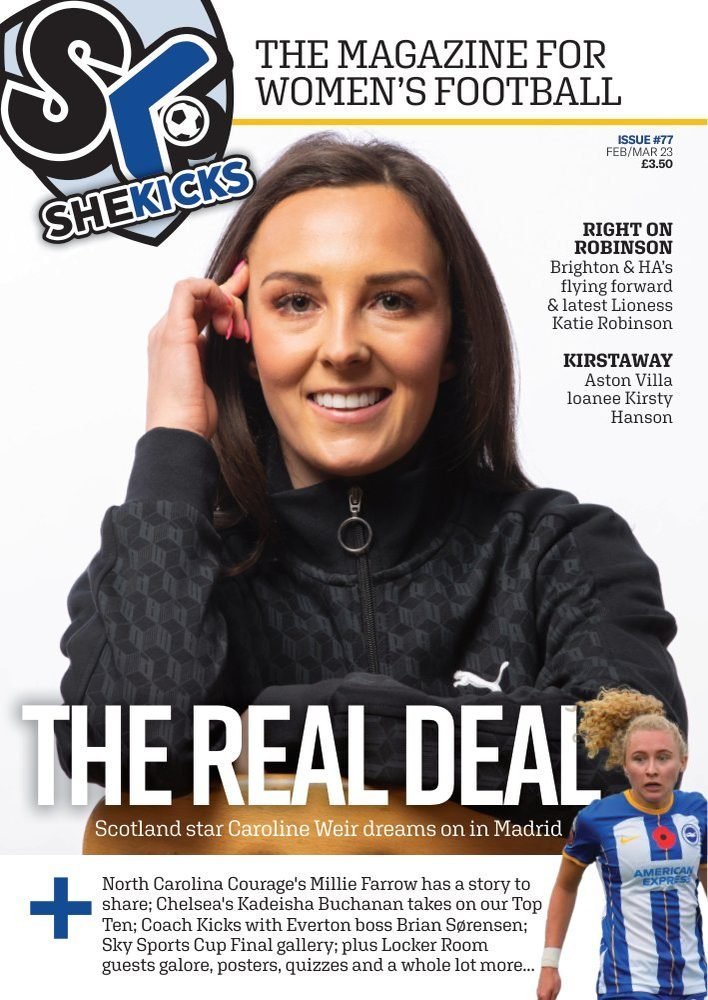 sk77jpg womensfootballmagazinecom Cover of a womens football magazine smiling woman in a black zip jacket bold THE REAL DEAL headline across bottom SheKicks logo top left other players and headlines visible