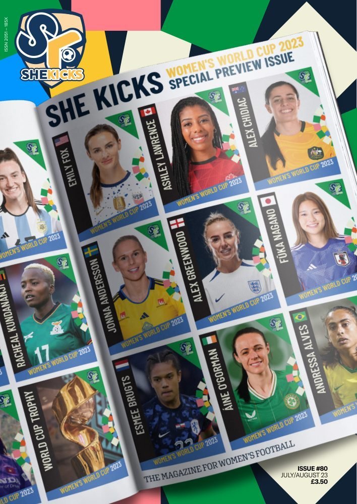 sk80jpg womensfootballmagazinecom Colorful magazine spread featuring headshots of female football players on the She Kicks Womens World Cup 2023 preview issue cover
